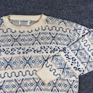 Alfred Dunner Sweater Men's L Vintage Fair Isle Knit Cotton Sweater Blue Tan USA